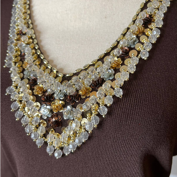 Joseph A. Sweater with Beads Crystals and Sequins on Front Neckline Size Medium - Picture 2 of 6